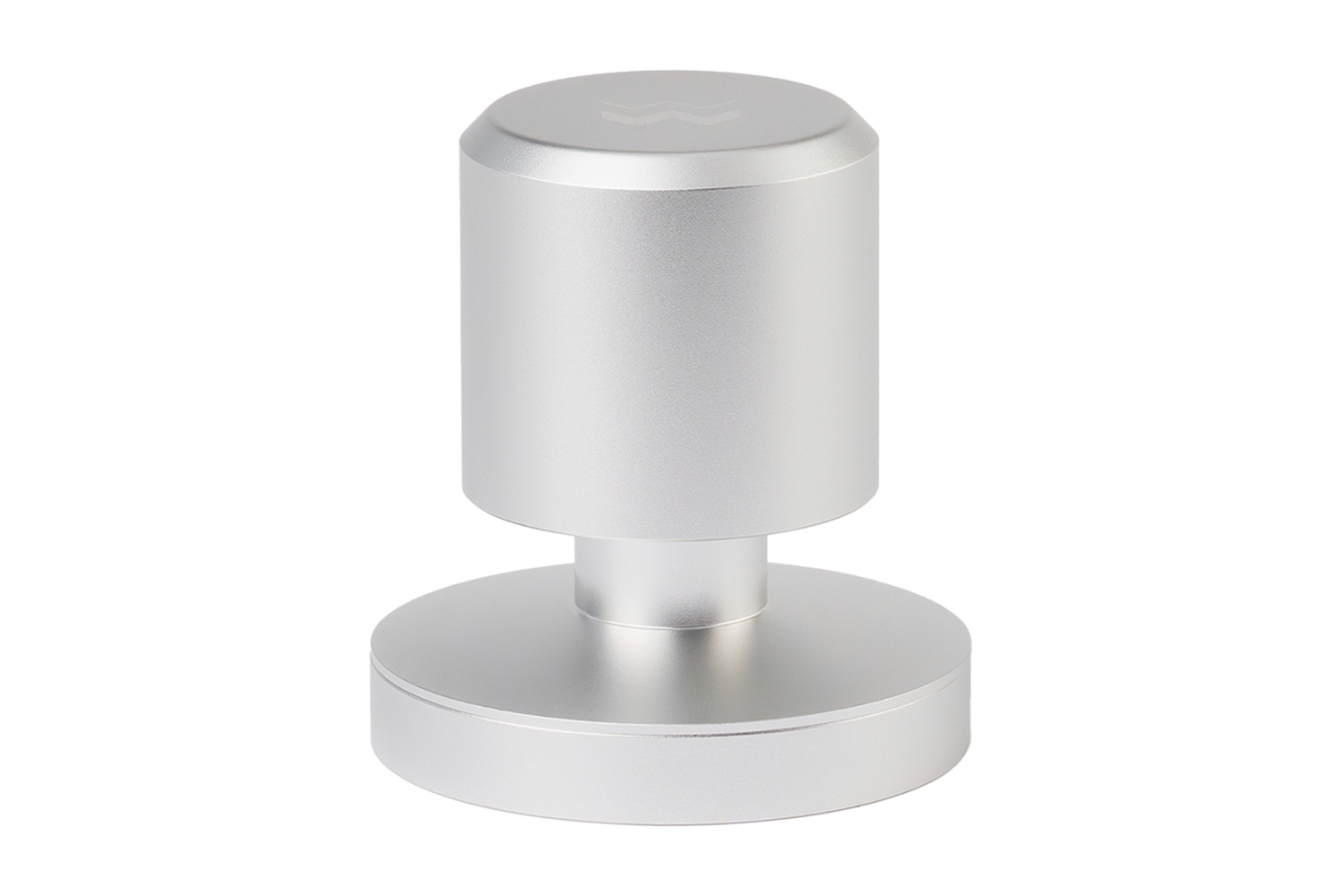 Really Nice Tamper - Silver Finish - Front View, tilted. Showing flat handle top [silver]